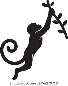 Monkey hanging from tree branch with curled tail portrayed as black silhouette for jungle themed visua