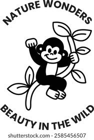 A monkey is hanging from a tree branch in the style of sign illustrations