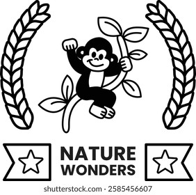 A monkey is hanging from a tree branch in the style of sign illustrations