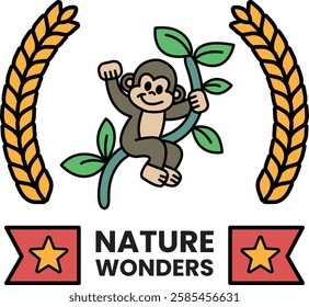A monkey is hanging from a tree branch in the style of sign illustrations