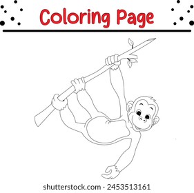 monkey hanging tree coloring book page for kids.