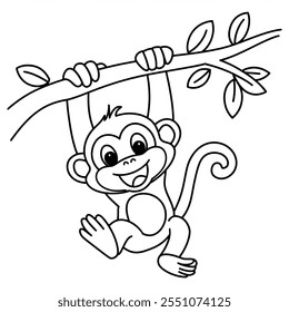 Uma página de coloração de árvore pendurada no macaco