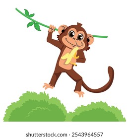 monkey hanging from a tree vine eating a banana. vector illustration.