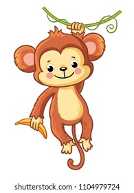 The monkey hangs on a branch and holds a banana in his hand. Cute animal on a white background. Vector illustration in children`s cartoon style.