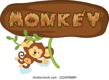 The monkey hangs on a branch with letter wood isolated vector illustration