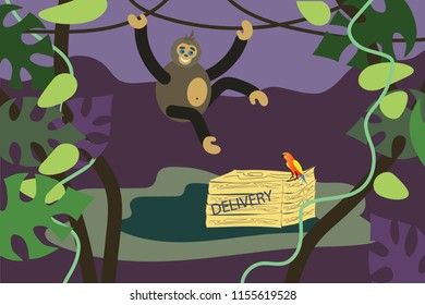 The monkey is happy to deliver the parcel to the jungle.