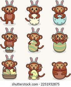 Monkey Happy Easter. Cute Monkey on the Easter theme in cartoon. Vector illustration. Isolated on white background. Easter holiday vector set.