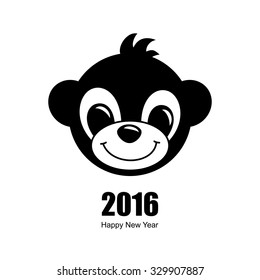 Monkey  Happy New Year card isolated on white background. Vector Stylized Monkey. Symbol of 2016 year. Cute baby monkey. Black and white simple animal icon.