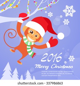 Monkey Happy Smile Wear Santa Hat New Year Sign Asian Horoscope Merry Christmas Flat Vector Illustration