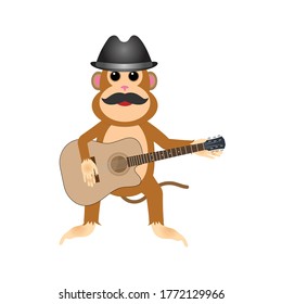 Monkey with hat and moustache playing guitar