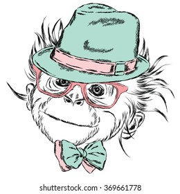 A monkey in a hat and tie. Vector illustration for greeting card, poster, or print on clothes.