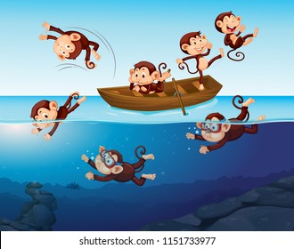 Monkey having fun in the sea illustration