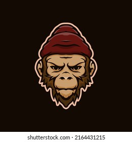 Monkey Head With Beanie Cartoon Premium Mascot Logo Vector