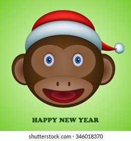 Monkey head with a cap and inscription Happy New Year.  Cartoon vector isolated illustration. For celebration New Year.