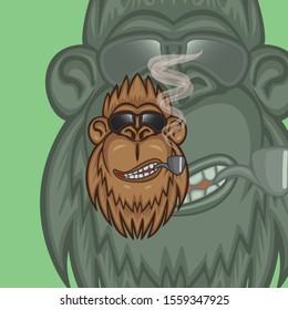 Monkey head character view with sunglasses and smoking pipe. Ready to use for any purpose 