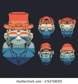 monkey head collection retro vector illustration for your company or brand