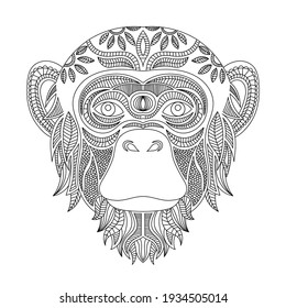 Monkey head coloring book illustration. Black and white lines. Print for t-shirts and coloring books.