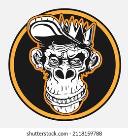 Monkey head with crown. Vintage vector black engraving illustration. Isolated on white background eps