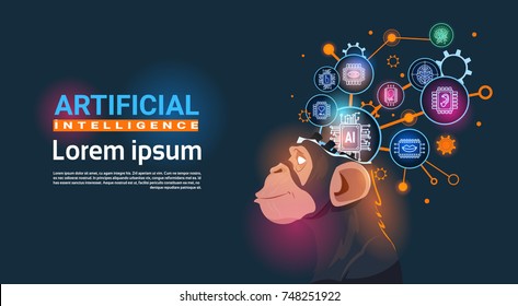 Monkey Head With Cyber Brain Cog Wheel And Gears Concept Of Artificial Intelligence Banner With Copy Space Flat Vector Illustration