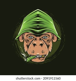 monkey head detail illustration smoking and wearing a hat for t shirt design and print