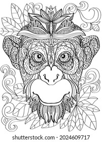 Monkey Head Facing Front With Leaves Background Colorless Line Drawing. Large Chimpanzee Face Looking Forward Coloring Book Page.