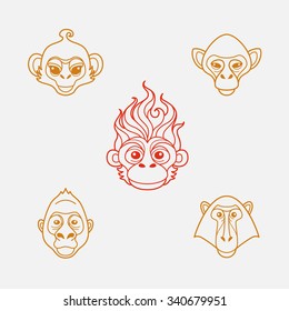 Monkey head in flat line style.Colorful and vector isolated icons.