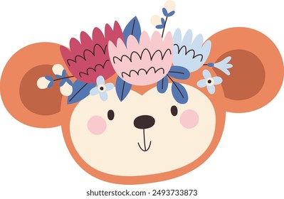 Monkey Head With Floral Wreath Vector Illustration