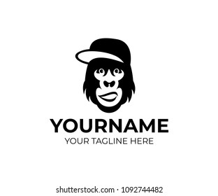 Monkey, head of gorilla in cap, logo template. Cartoon character wild animal in baseball cap, vector design. Hipster and hip-hop monkey, gorilla in modern street style, illustration