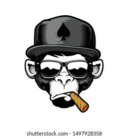 Monkey head with hat and sunglasses cartoon character illustration