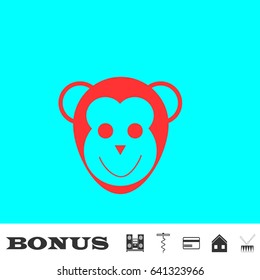 Monkey head icon flat. Red pictogram on blue background. Vector illustration symbol and bonus buttons Music center, corkscrew, credit card, house, drum