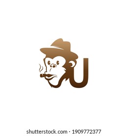Monkey head icon logo with letter U template design illustration