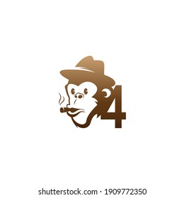 Monkey head icon logo with number 4 template design illustration