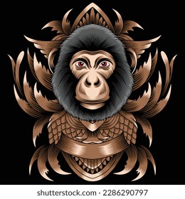 monkey head illustration with baroque ornament
