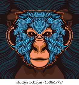 monkey head illustration for t-shirt on dark background