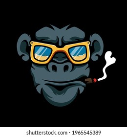 Monkey head logo design vector. Illustration of a monkey wearing glasses while smoking