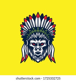 Monkey head native american illustration.