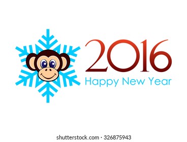 Monkey head on the background of snowflakes and inscription happy New Year 2016 in vector, horizontal