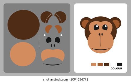 Monkey Head Pattern For Kids Crafts Or Paper Crafts. Vector Illustration Of An Animal Puzzle. Cut And Paste Patterns For Kids Crafts.