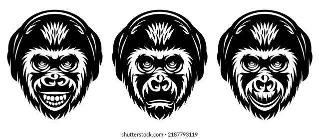 Monkey head template set with headphones and different emotions. Vector monochrome illustration.