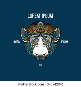 Monkey head totem with ethnic ornament. Hipster monkey head colorful poster on dark blue background. Vector illustration