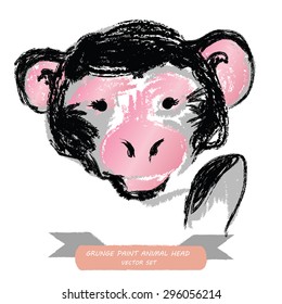 Monkey head vector illustration. Monkey face.  Grunge paint monkey head. Ink,watercolor, chalk. Cute black monkey. Part of hand drawn animal head collection. Eps 10.