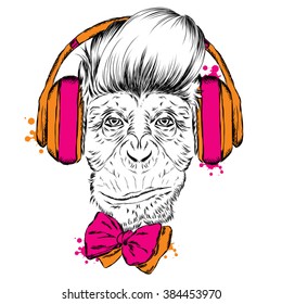 Monkey with headphones. Hipster.