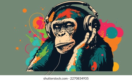 Monkey with headphones listening to music. Colored digital vector drawing illustration. 