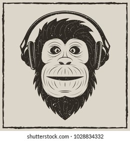 Monkey with headphones t-shirt vector grunge illustration. Chimpanzee listening to music.