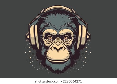 Monkey with headphones vintage retro vector Illustration