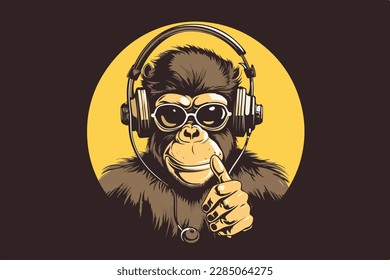 Monkey with headphones vintage retro vector Illustration