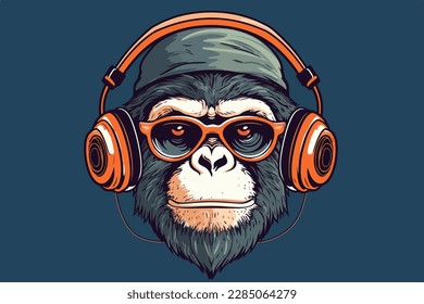 Monkey with headphones vintage retro vector Illustration