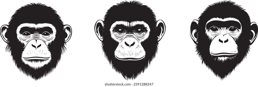 Monkey Heads Vector Illustration, Black and White, Isolated on White Background