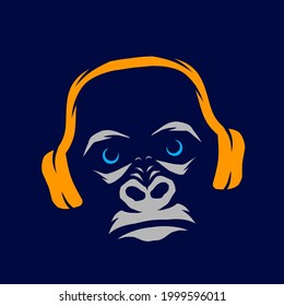 Monkey headset funny funky line pop art logo. Colorful design with dark background. Abstract vector illustration. Isolated black background for t-shirt, poster, clothing, merch, apparel, badge design