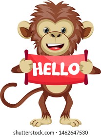 Monkey with hello sign, illustration, vector on white background.